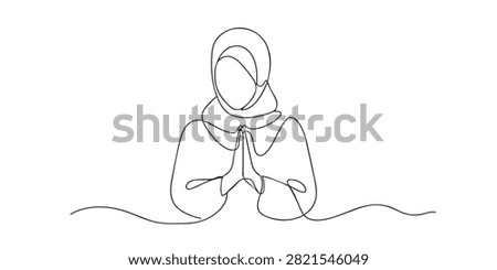 Single line hijab woman. Continuous line drawing of a woman in hijab making an apologetic hand gesture. Expresses kindness and respect. One line vector illustration.