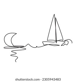 Single line holiday icon. One continuous line drawing of traditional sailing ship and crescent moon in the middle of the ocean. Vector illustration of sailboat and crescent over the ocean.
