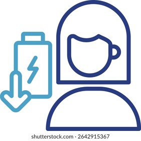 Single line icon effectively communicates a tired body condition or the need for energy recharging with a decreasing battery indicator.