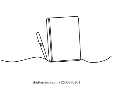 Single line illustration of a book and pen. Minimalist design for studying and writing concepts.