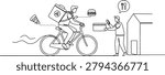 Single line illustration of delivery worker on bike carrying thermal backpack. Customer receiving food package at house door. Icons of pizza slice and hamburger showing menu variety and quick service.