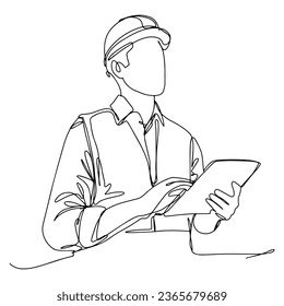 Single line illustration of a male architect, engineer or contractor. Illustration with black line on isolated white background.