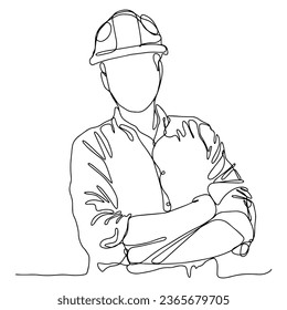 Single line illustration of a male architect, engineer or contractor. Illustration with black line on isolated white background.