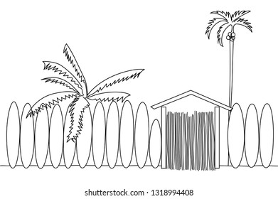 Single line illustration of a surf school with palm trees on the beach. 