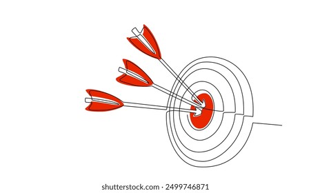 Single line illustration of target with three red arrows, shot bullseye. Continuous line drawing of red goal circle with arrows in center Business strategy concept. Arrow in target pad Editable stroke