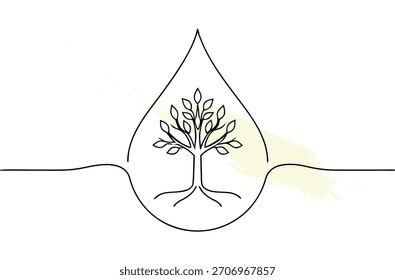 Ilustração em linha única de árvore dentro de um conceito de ecologia de gota de água