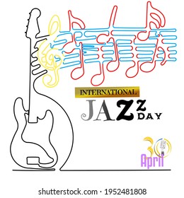 Gráfico vectorial de Ilustración de una sola línea de guitarra y música. Perfecto para afiches o pancartas de celebración del Día Internacional de Jazz el 30 de abril.