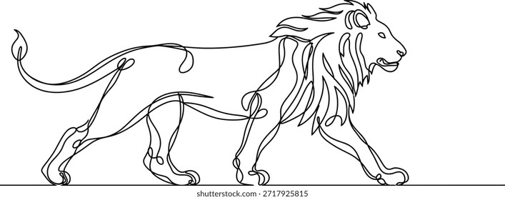 Single line of a lion walking with a flowing mane and tail animal wildlife mammal feline.