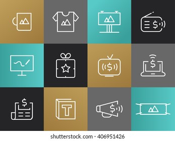 Single Line Marketing Pictograms Set.  T-shirt, billboard, monitor with a graphic, present, typography, promotion