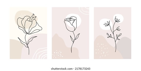 fondo de pantalla mínimo de una sola línea, afiches. obras de arte mural con flores diferentes.