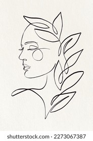 Dibujo minimalista de una sola línea de la cara de una mujer con elementos decorativos florales sobre fondo blanco con textura de papel. Simple Ilustración Dibujada A Mano. Diseño gráfico vectorial.