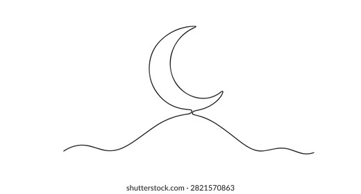 Single line moon landscape. Continuous line drawing of a full moon rising above rolling hills. Creates a peaceful nighttime atmosphere. One line vector illustration.