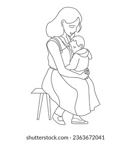 Single line mother hug her baby girl outline people cartoon vector illustration