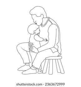 Single line mother hug her baby girl outline people cartoon vector illustration