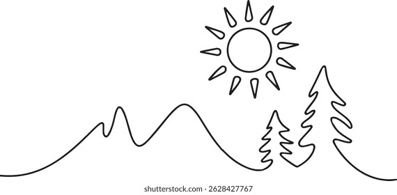 Single line mountain landscape with sun and pine trees, minimalist continuous line art illustration of nature, forest, and scenery design

