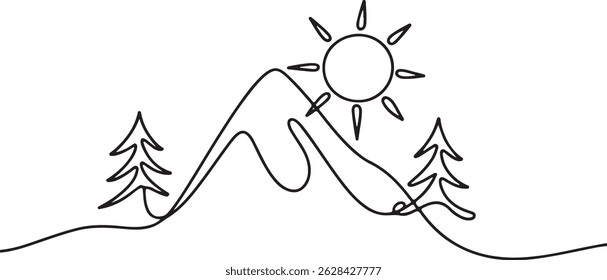 Single line mountain landscape with sun and pine trees, minimalist continuous line art illustration of nature, forest, and scenery design

