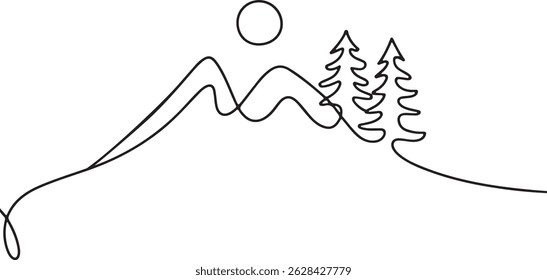 Single line mountain landscape with sun and pine trees, minimalist continuous line art illustration of nature, forest, and scenery design

