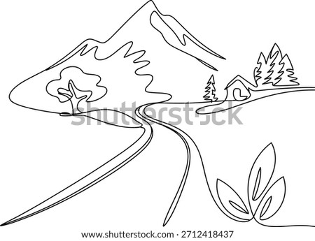 Single line of a mountain landscape with a winding road