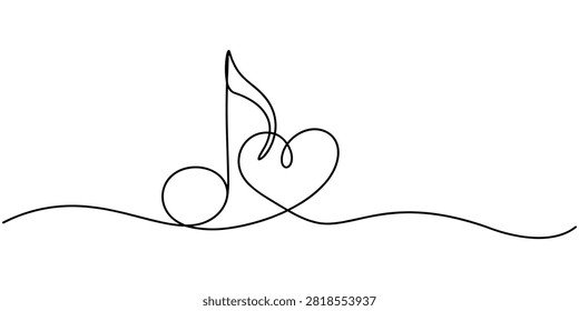 Single line of a musical note combined with a heart shape music note love symbol