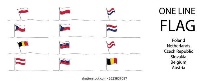 Single line national flag set, one line Poland, Netherlands, Czech Republic, Slovakia, Belgium, Austria continuous drawing symbols, stroke vector illustration