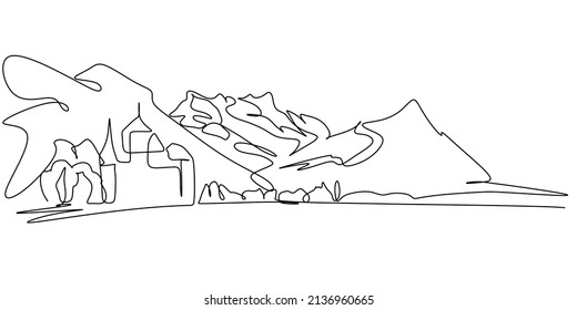 Dibujo de paisaje natural de una sola línea. fondo paisajístico de pico de montaña. Dibujo de líneas con forma abstracta. Diseño de plantas para impresión, cubierta, papel pintado, pared mínima y natural.