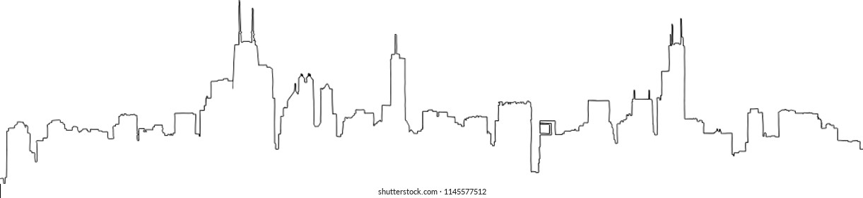 Single line outline drawing of the full Chicago skyline, including all the famous landmark towers. Hand drawn vector illustration.