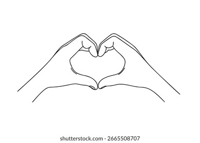 Mãos de contorno de linha única formando um gesto de amor forma do coração