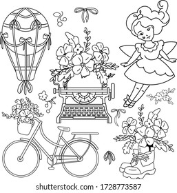 Single line, outline illustration, sketch. Isolated elements: enchantress princess, typewriter, air hot balloon, on white background, boots,  flowers. Used for engraving, embossing, coloring page svg