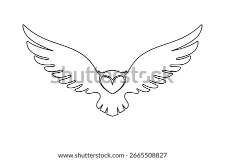 Single line outline an owl with heart shaped chest spread wings bird animal