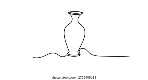 Uma única linha delineia um vaso concêntrico círculos cerâmica. Vaso Pot Line Art. Abstrato Vaso Silhueta Contorno Doodle Contorno Mão Desenhado Ilustração. Linha de curva do vaso antigo de cerâmica