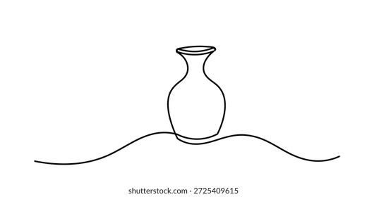 Uma única linha delineia um vaso concêntrico círculos cerâmica. Vaso Pot Line Art. Abstrato Vaso Silhueta Contorno Doodle Contorno Mão Desenhado Ilustração. Linha de curva do vaso antigo de cerâmica