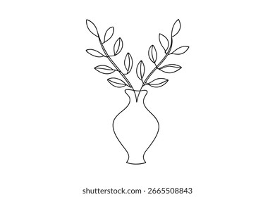 Linha única delineia um vaso com folhas uma planta simples