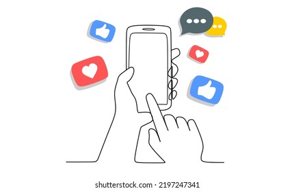 Single line person use Smartphone and Surfing in Social Media. Conversation in the mobile application. Social media likes. One line vector illustration.