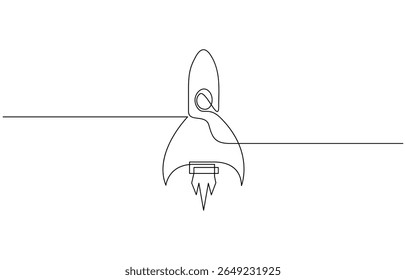 Single Line Rocket Drawing Spacecraft Launch, Startup, Rocket continuous one line drawing. Spaceship, rocket launch sign in simple linear style. Vector illustration.