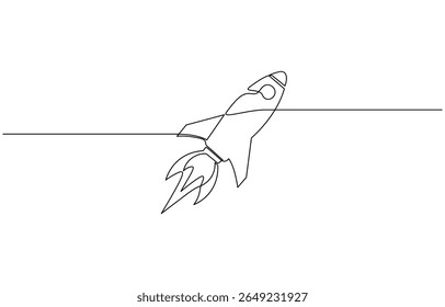 Single Line Rocket Drawing Spacecraft Launch, Startup, Rocket continuous one line drawing. Spaceship, rocket launch sign in simple linear style. Vector illustration.