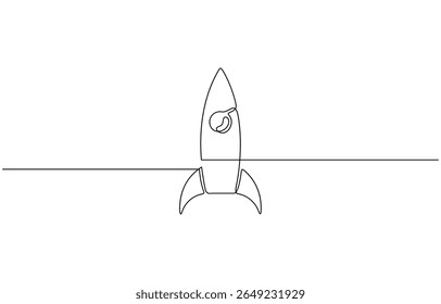 Single Line Rocket Drawing Spacecraft Launch, Startup, Rocket continuous one line drawing. Spaceship, rocket launch sign in simple linear style. Vector illustration.