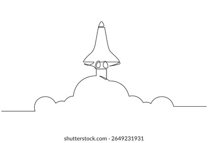 Single Line Rocket Drawing Spacecraft Launch, Startup, Rocket continuous one line drawing. Spaceship, rocket launch sign in simple linear style. Vector illustration.