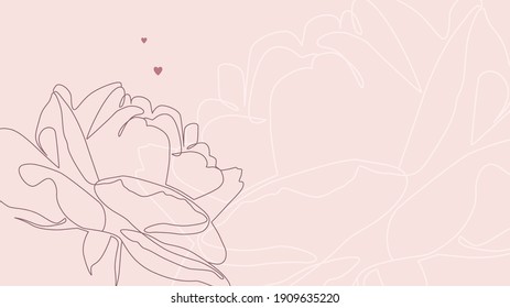 Single line rose illustration on pastel pink background. Modern continuous line flower with hearts in vector. Floral background for greeting card design