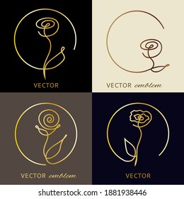 Single line rose silhouette logo or emblem set. Stock vector design in simple minimal style.