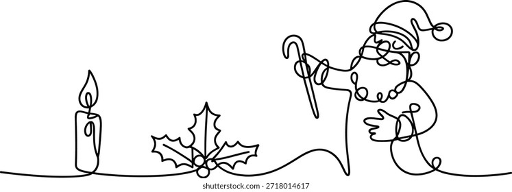 Sola línea de Santa Claus con caña de caramelo acebo y velas vacaciones de Navidad.