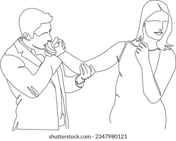 Argumento de pareja de esbozos de una sola línea en dibujo a mano, desacuerdo y rechazo del argumento de la pareja de dibujos animados, esposo que trata de convencer a esposa insatisfecha, conflicto de relaciones