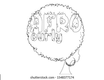 single line sketch of curly afro hair, portrait African Woman , dark skin female face with curly hair afro, ethnic traditional earrings, hair style concept, Afro grunge text, vector isolated or white