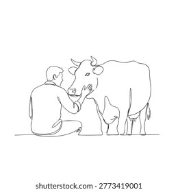 Single line sketch of man interacting with dairy cow.