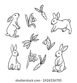 Single line sketchy set with easter rabbits with carrots and snowdrops. Spring or easter concept. Contour doodle animals on white background. Ideal for coloring pages, tattoo, pattern