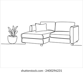 Сontinuous single line single line sofa with floor lamp lampshade, hand drawn silhouette painting. Line art. scribble.Without artificial intelligence