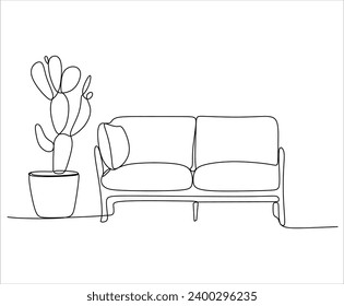 Сontinuous single line single line sofa with floor lamp lampshade, hand drawn silhouette painting. Line art. scribble.Without artificial intelligence