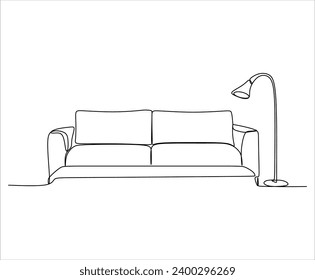 Сontinuous single line single line sofa with floor lamp lampshade, hand drawn silhouette painting. Line art. scribble.Without artificial intelligence