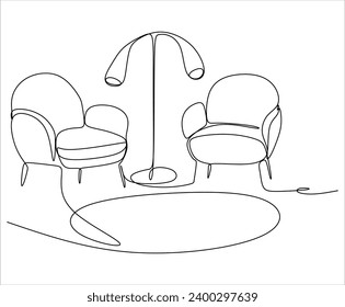 Сontinuous single line single line sofa with floor lamp lampshade, hand drawn silhouette painting. Line art. scribble.Without artificial intelligence