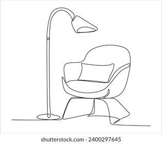 Сontinuous single line single line sofa with floor lamp lampshade, hand drawn silhouette painting. Line art. scribble.Without artificial intelligence