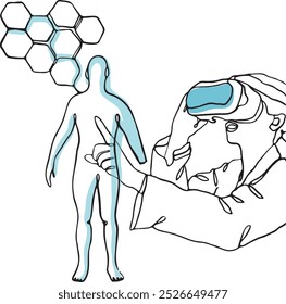 Single-line-Stil Wohnung Doktor Frau Erfahrung 3D virtuelle Realität Lernen, Analyse und Diagnose menschlichen Organen Gesundheit Problem